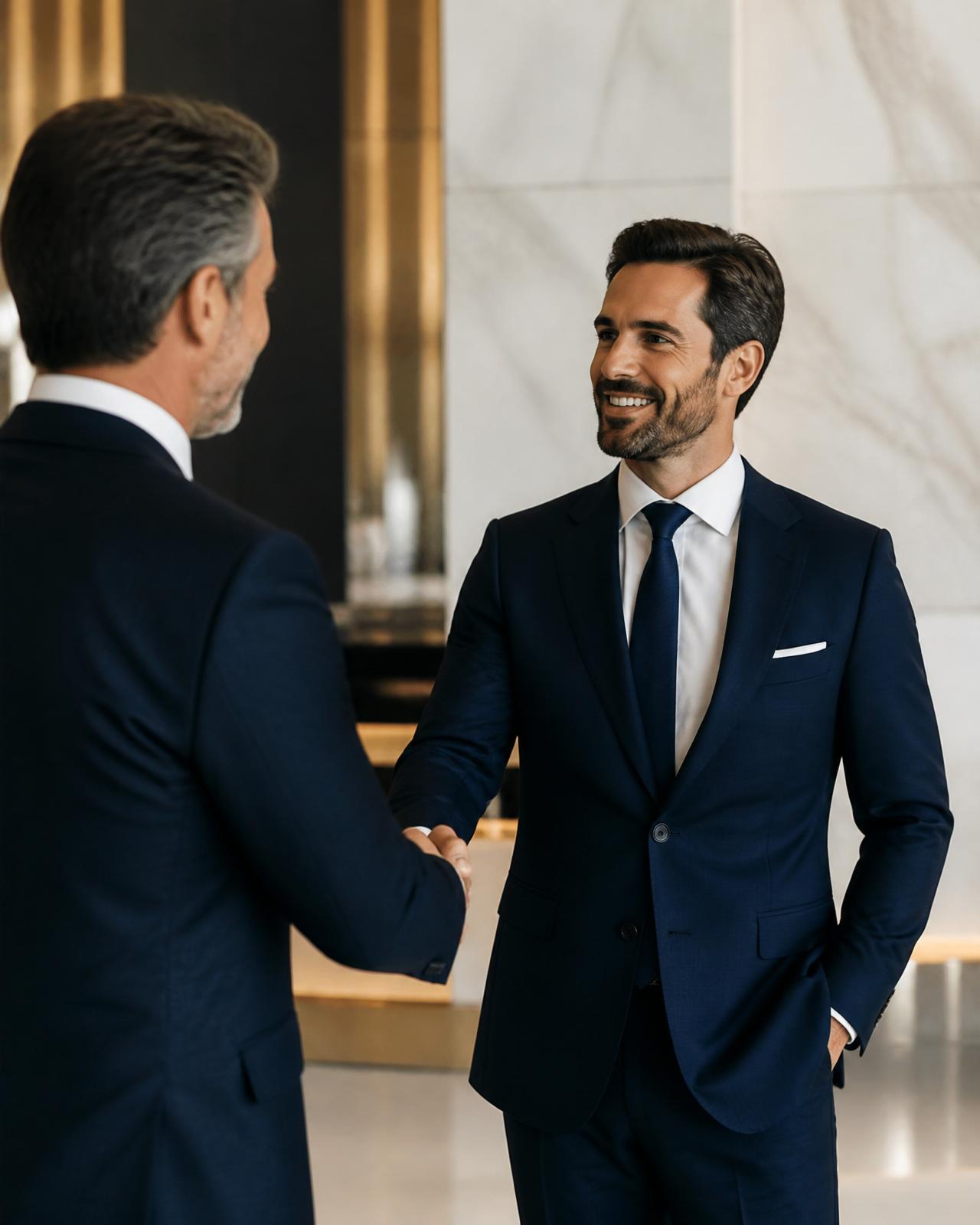 Two executives shaking hands in a corporate lobby